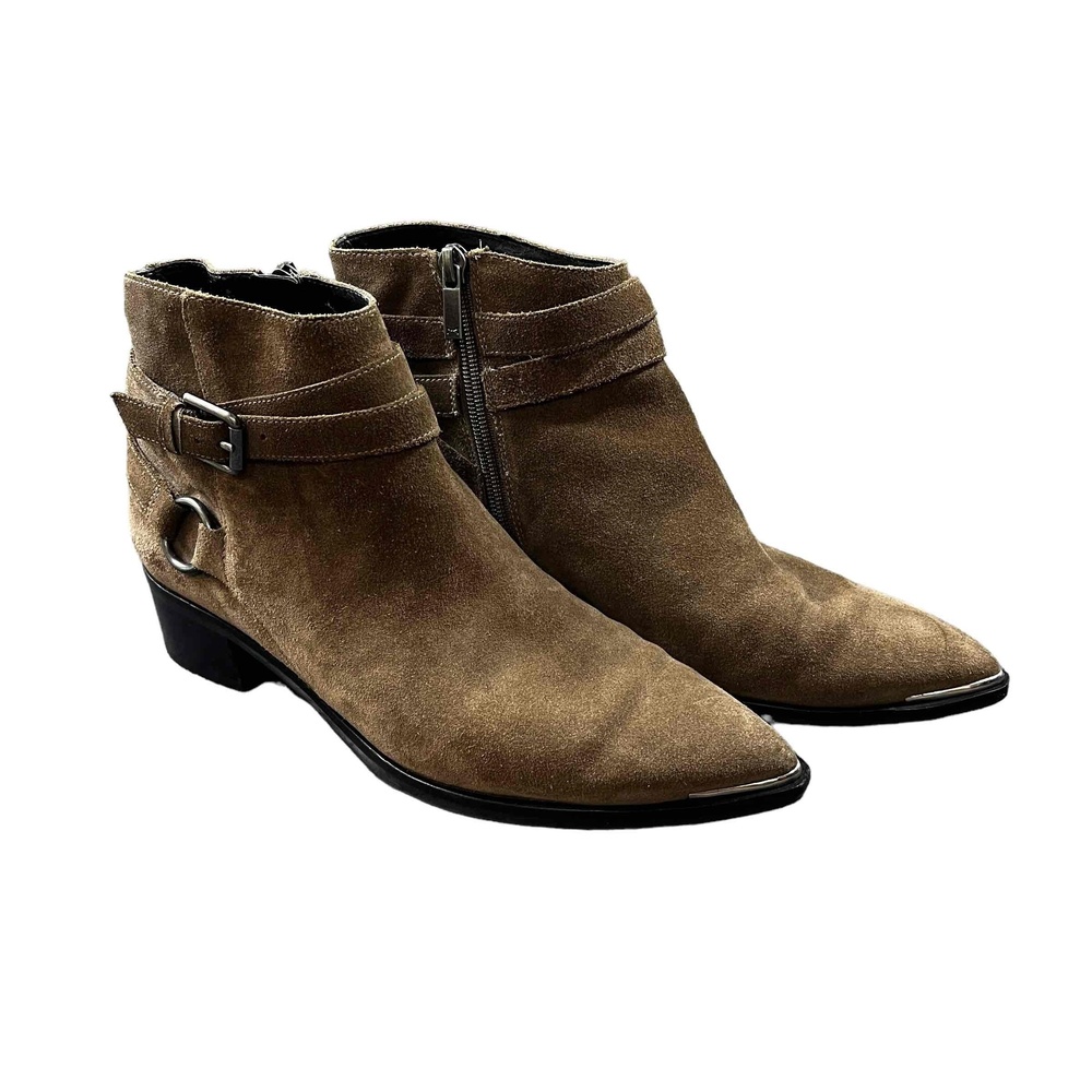 Marc Fisher Brown Suede Ankle Boots Side Zipper Buckle Strap Womens 8M